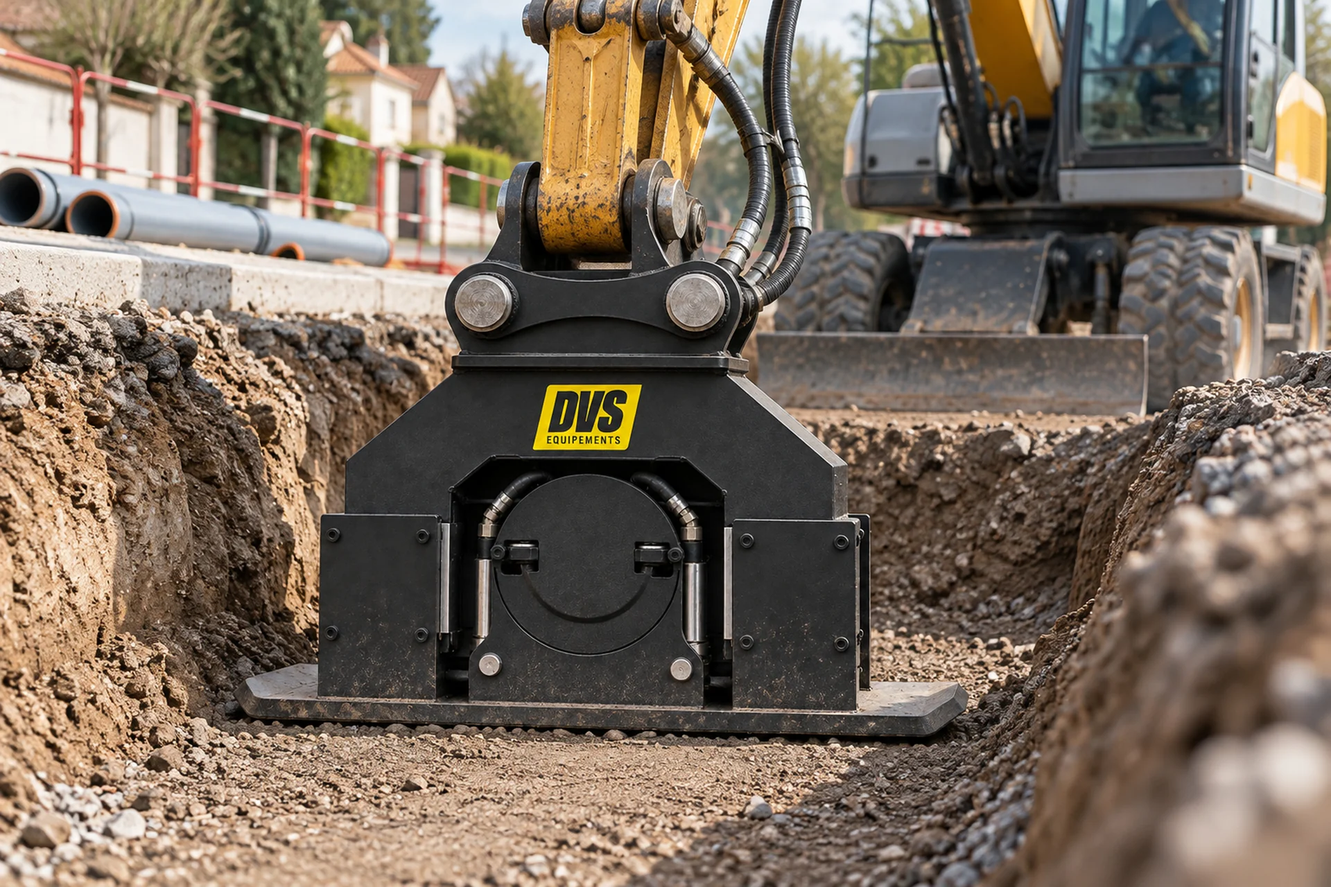 Compacteur hydraulique DVS monté sur pelle, compactage en fond de tranchée