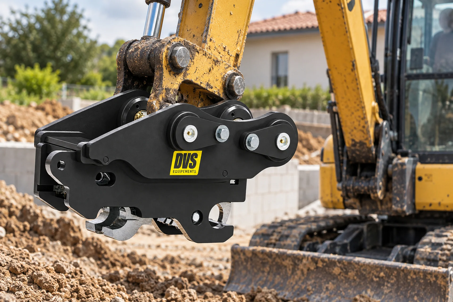 Coupleur mécanique DVS monté sur pelle, chantier de terrassement