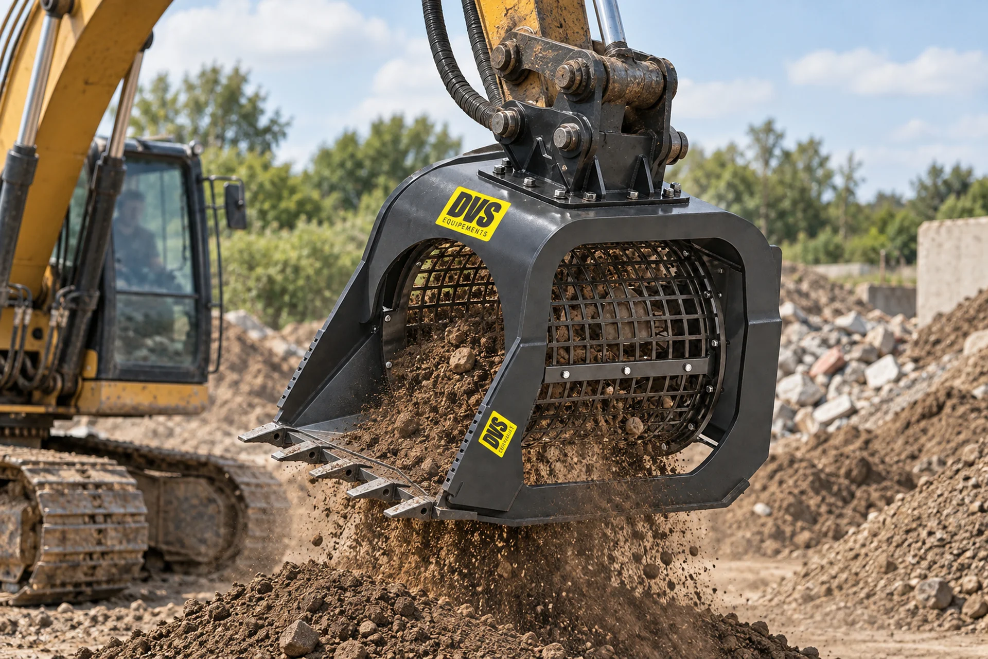 Godet cribleur DVS monté sur pelle, criblage de terre sur chantier