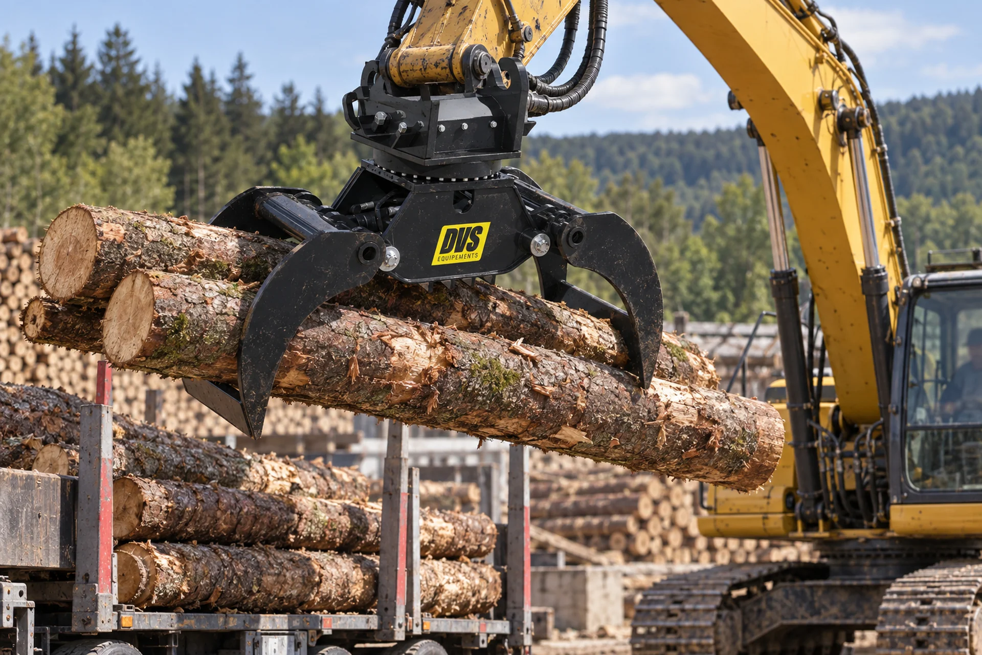Grappin forestier rotatif DVS monté sur pelle, manutention de grumes