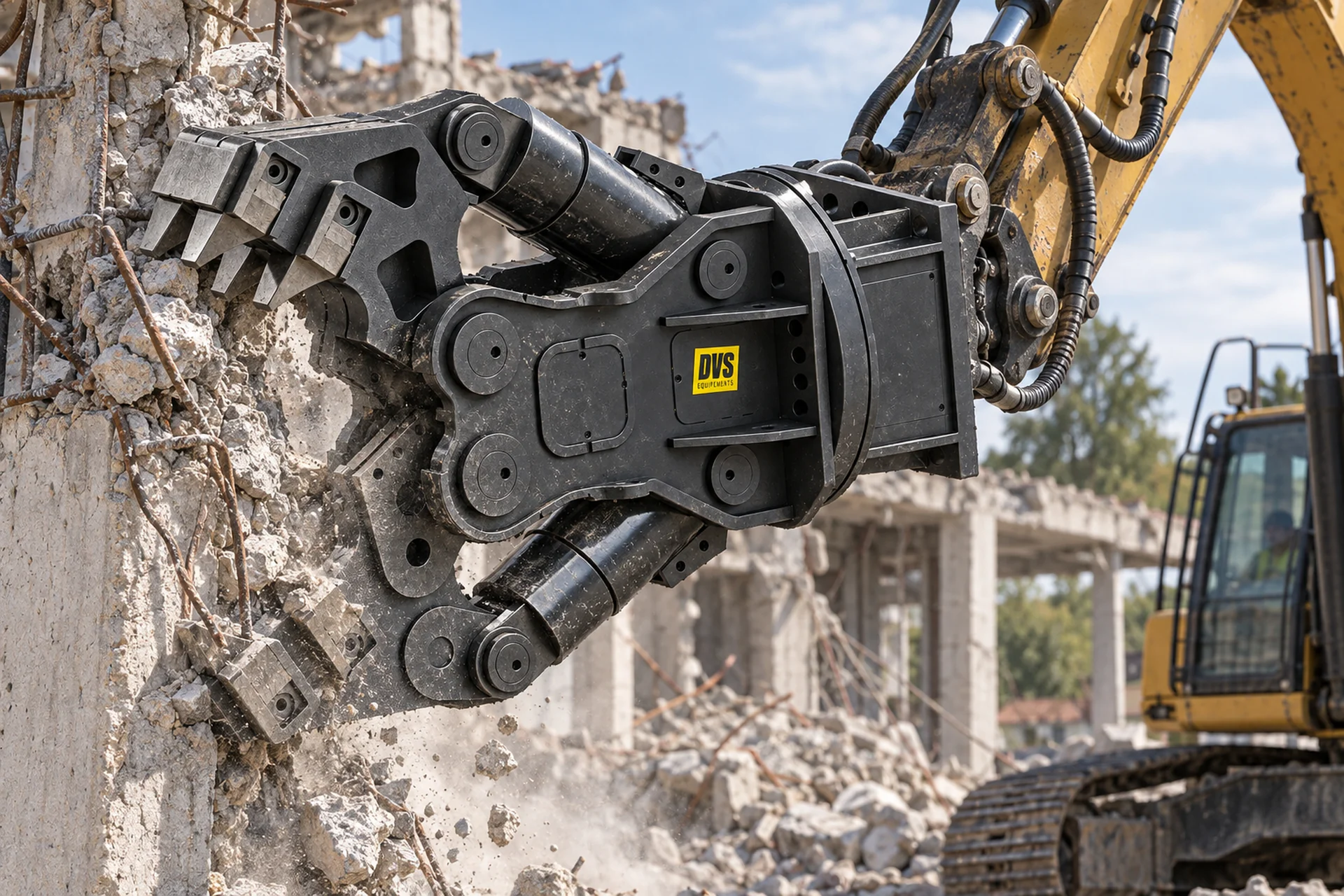 Multi-processeur DVS monté sur pelle, démolition d'un bâtiment en béton